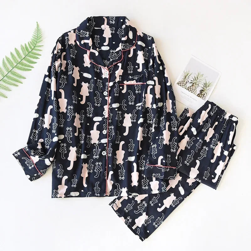Women's Printed Button Front Pajama Set with Top and Pants
