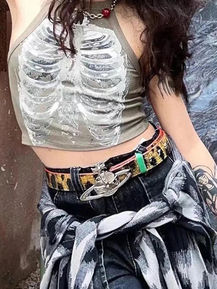 Women's Skeleton Ribcage Print Cotton Blend Crop Tank with Contrast Binding