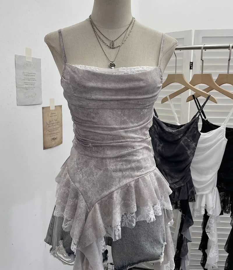 Women's Ruffled Polyester Camisole with Lace Trim and Asymmetric Style Options