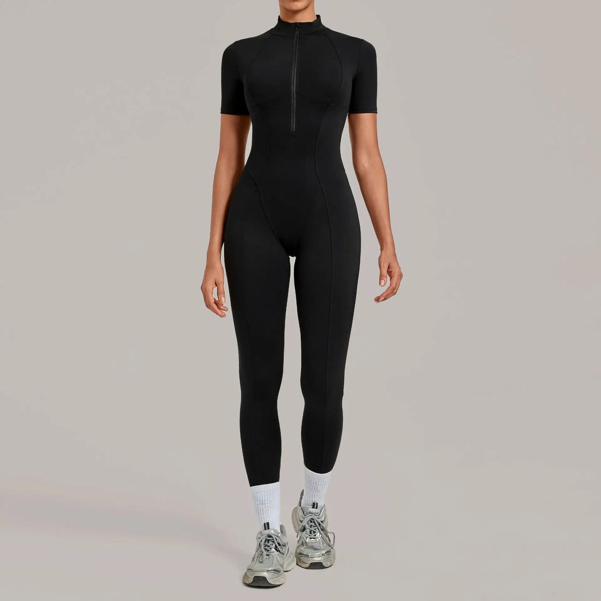 Women's Short Sleeve Nylon Blend Workout Jumpsuit with Stand Collar Zip