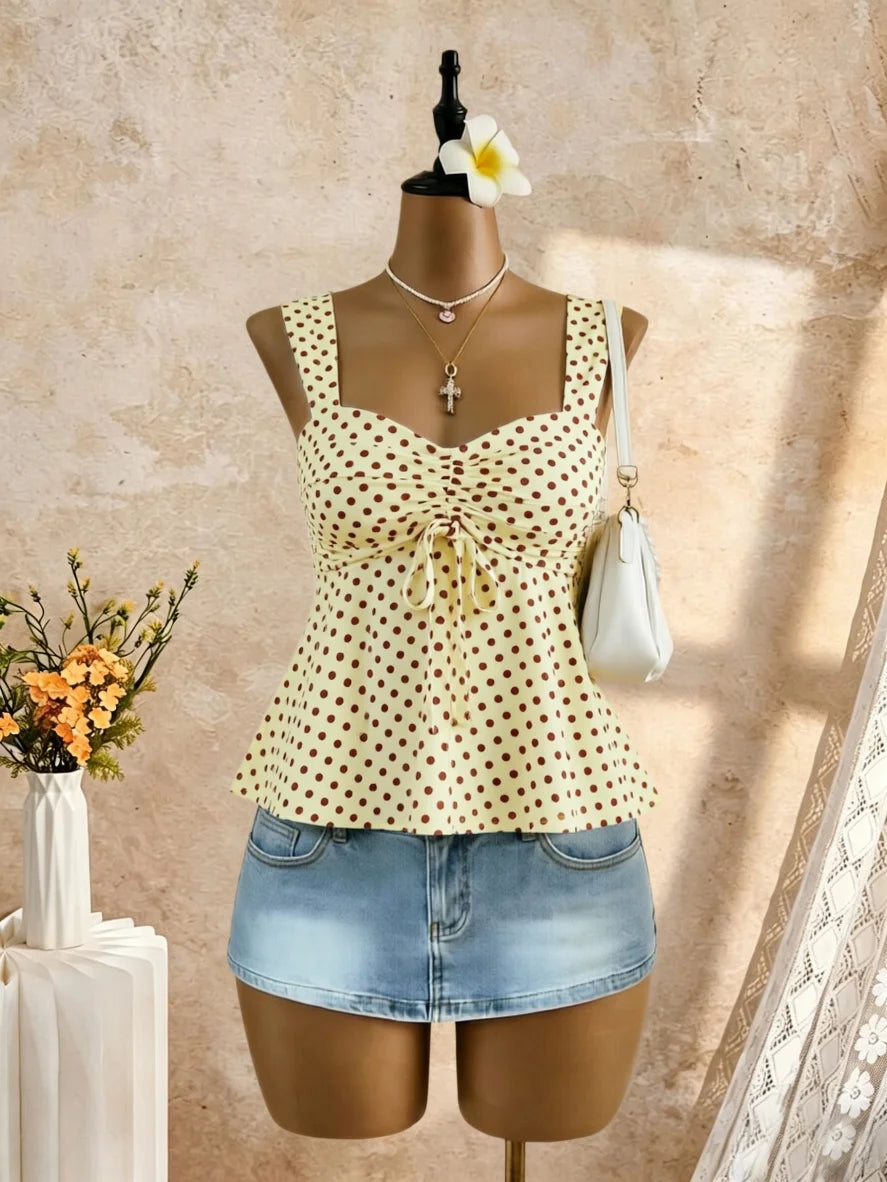Women's Ruched Polyester Blend Peplum Camisole with Sweetheart Neck and Bow