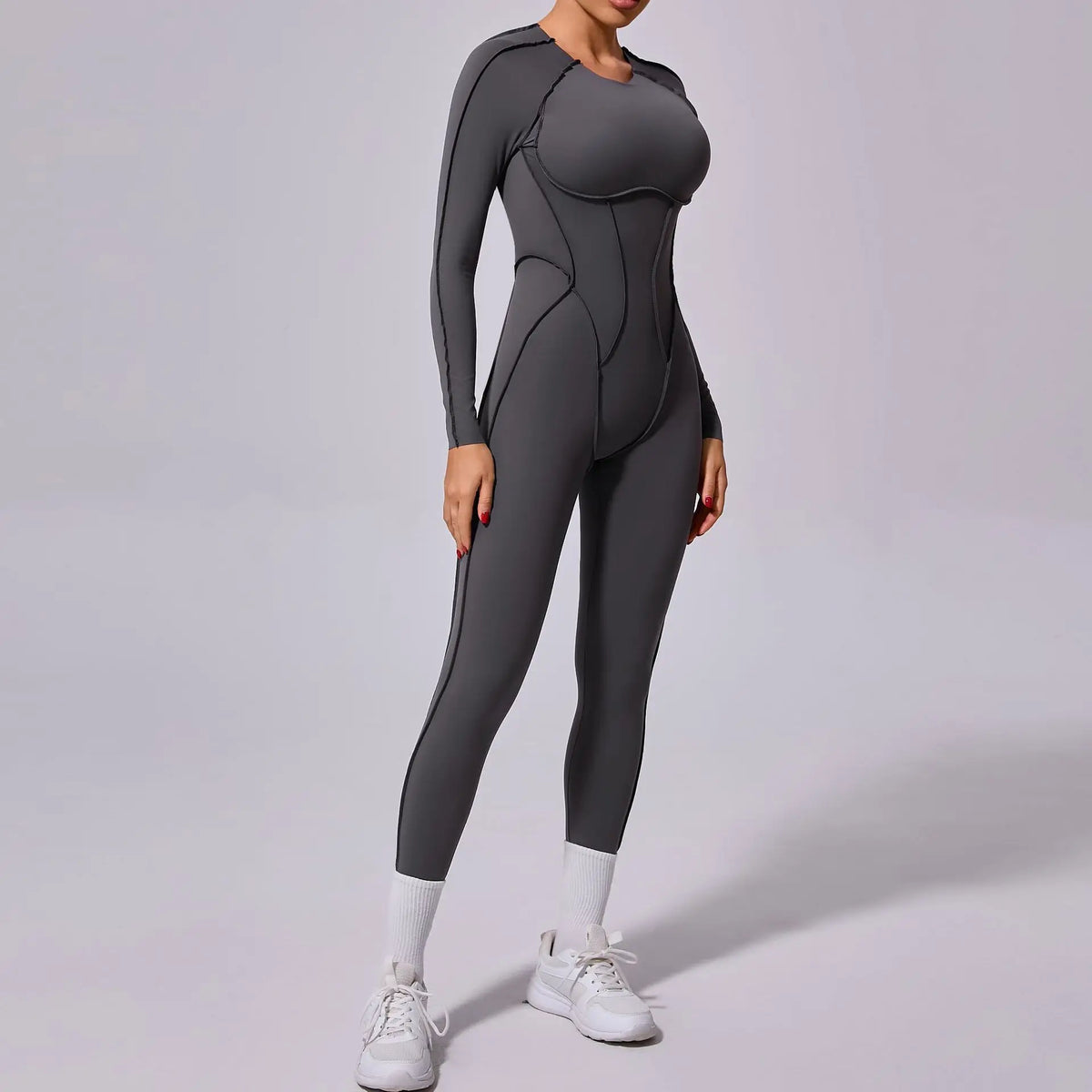Women's Long Sleeve Nylon Blend Workout Jumpsuit with Back Cutout