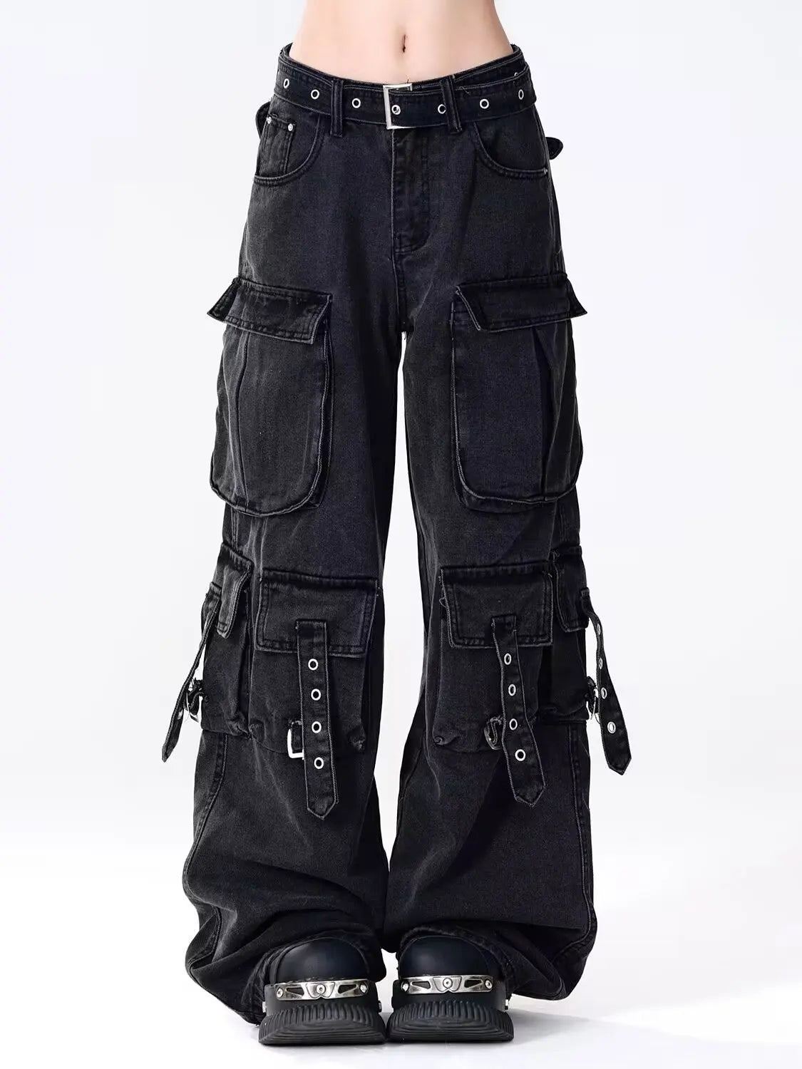 Women's Cargo Pants with Washed Look and Strap Pocket Details
