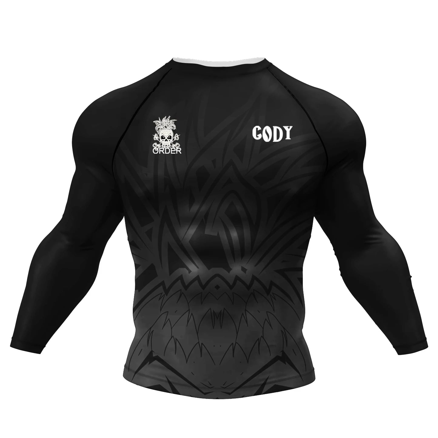 Tattoo Graphic Long Sleeve Mock Neck Fitted Rash Guard