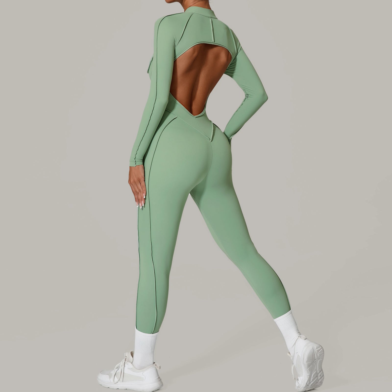 Women's Long Sleeve Zip Front Back Cutout Workout Jumpsuit
