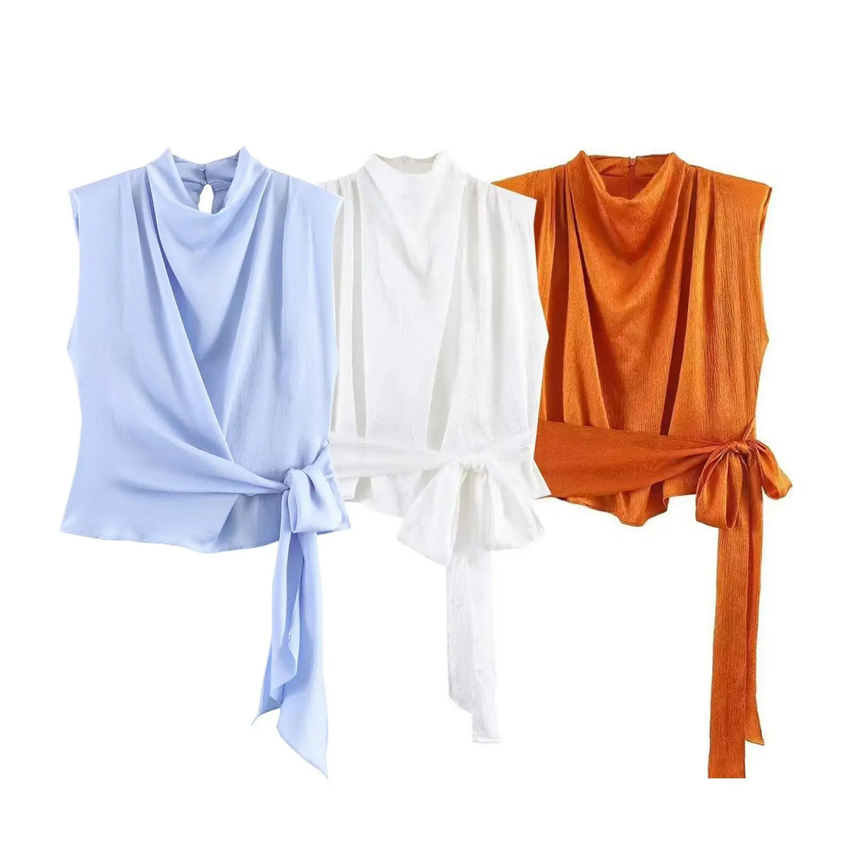Women's Sleeveless Blouse with a Draped Neckline and Long Ribbon Ties
