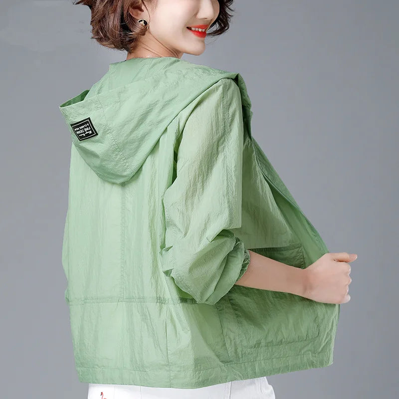 Hooded Short Sleeve Full Zip Casual Top for Layering