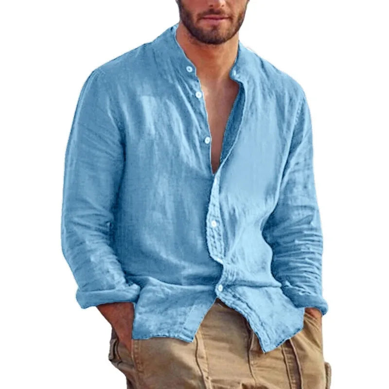 Men's Solid Stand-Collar Long-Sleeve Button-Front Shirt for Casual Everyday Wear and Layering