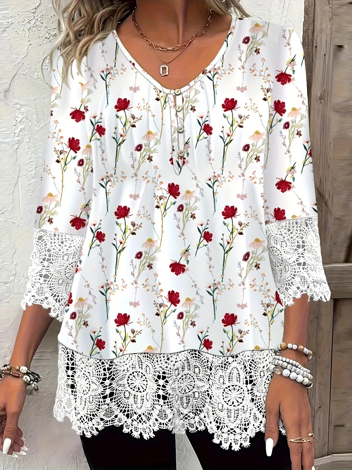 Women's Lace Trim Printed Three Quarter Sleeve Blouse
