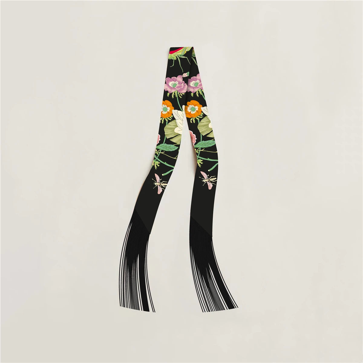 Printed Narrow Ribbon Scarf with Decorative Fringed Ends