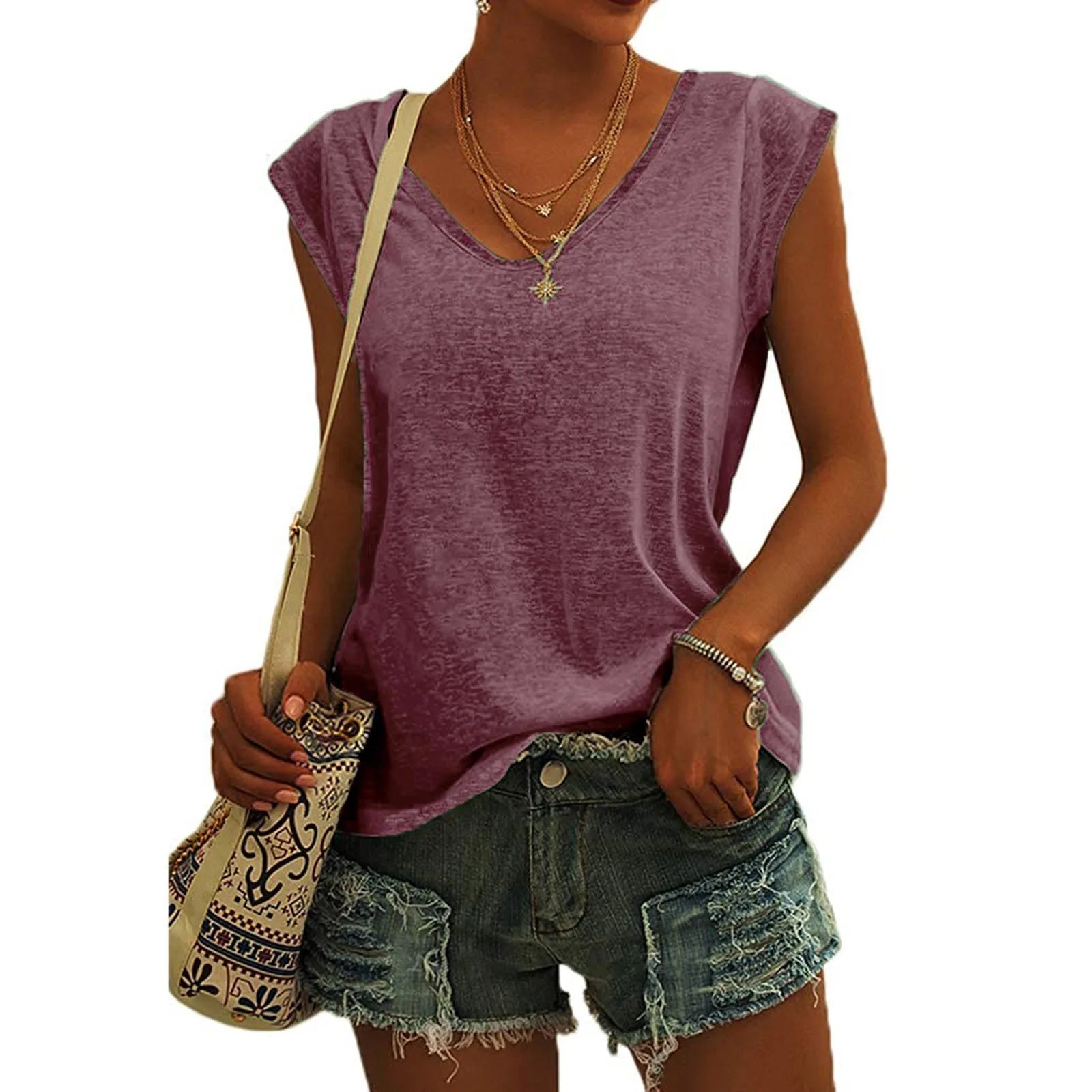 Women's V Neck Polyester Tank Top with Relaxed Sleeveless Cut