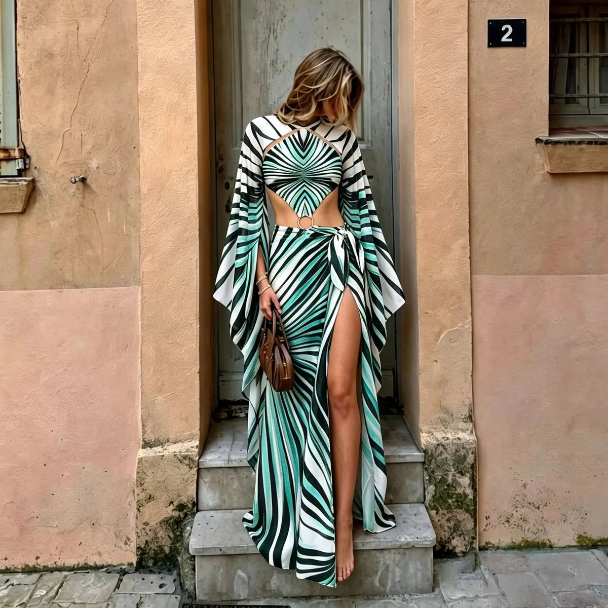 Printed Long Sleeve Swimsuit with Long Skirt