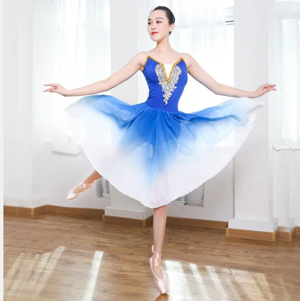 Women's Gradient Ballet Dance Dress with Flowing Skirt and Decorated Bodice