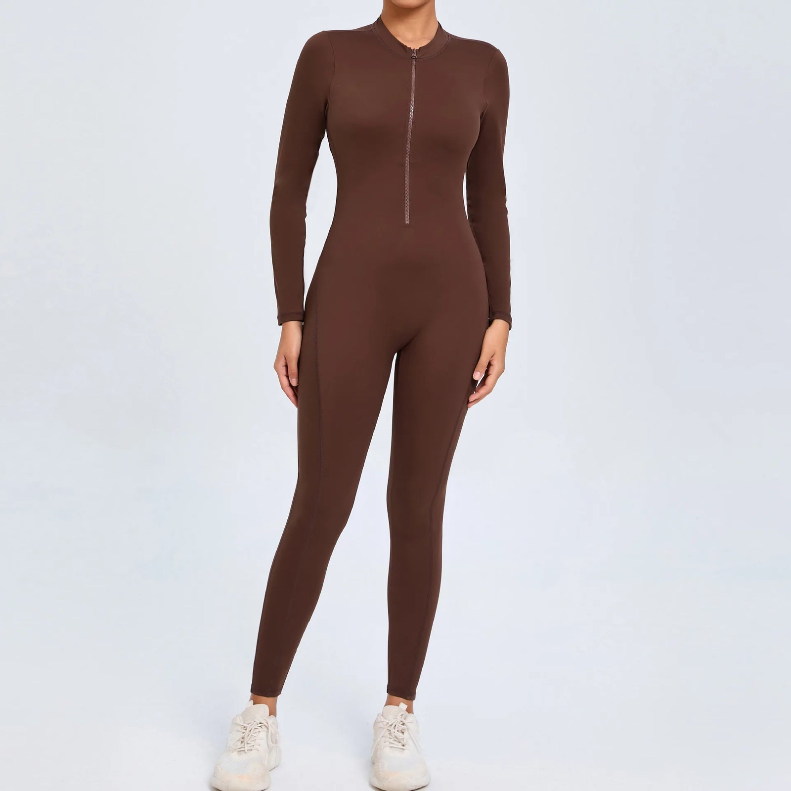 Women's Long Sleeve Nylon Blend Workout Jumpsuit with Zipper and Open Back