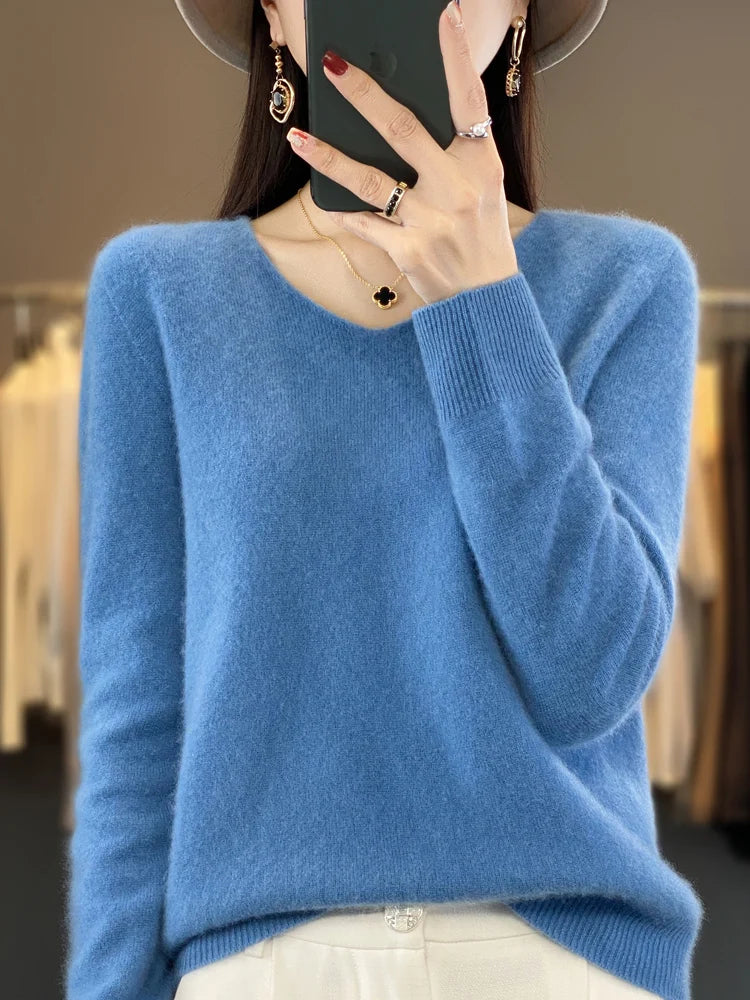 Women's V Neck Long Sleeve Sweater Casual Knit Layer