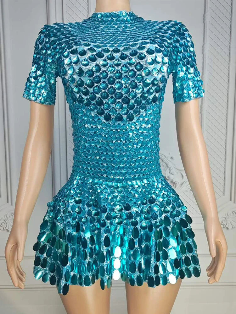 Women's Disc Sequin Mini Dance Dress with Short Sleeves and High Neck