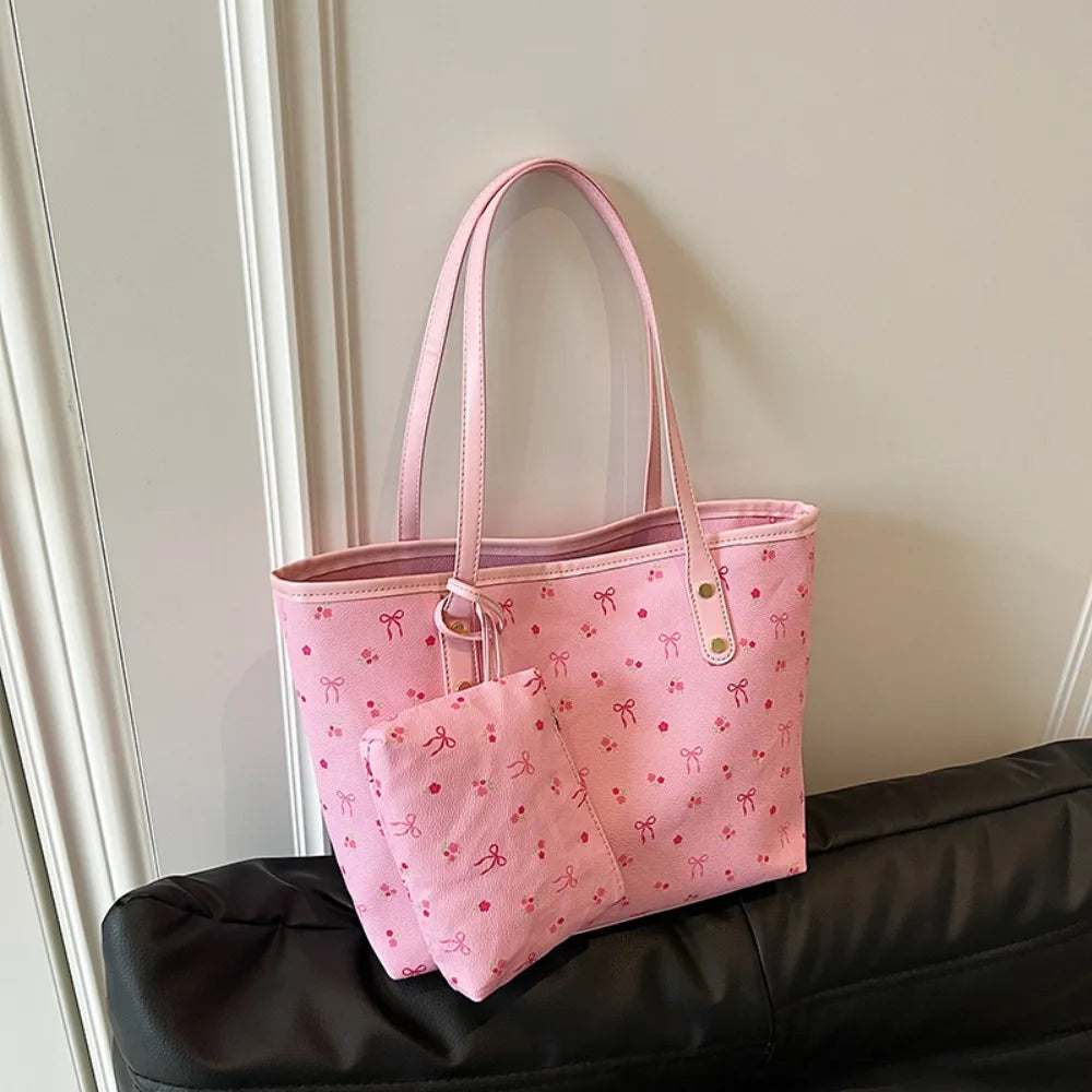 Women's Bow Print Tote Bag with Long Handles and Zipper Closure