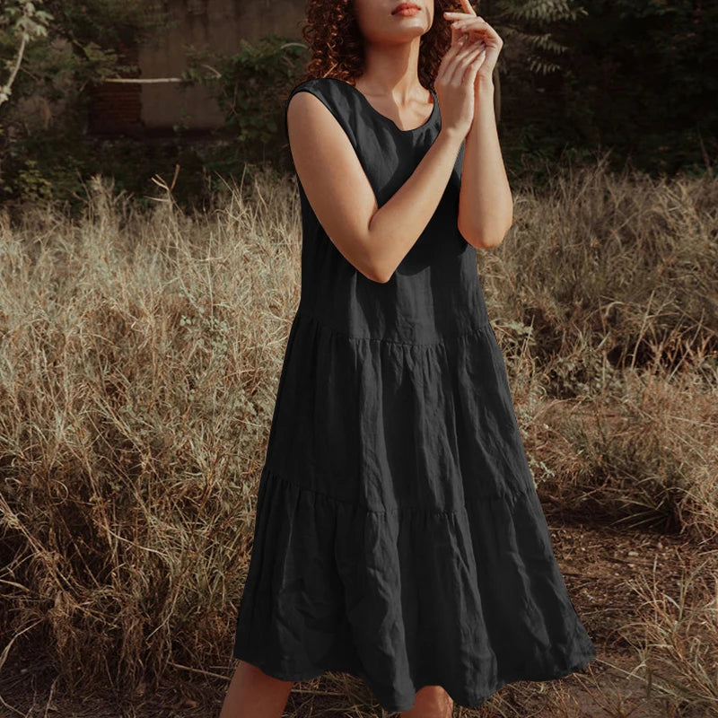Women's Cotton-Linen Sleeveless Loose A-Line Midi Dress with Ruffles for Summer Outfits