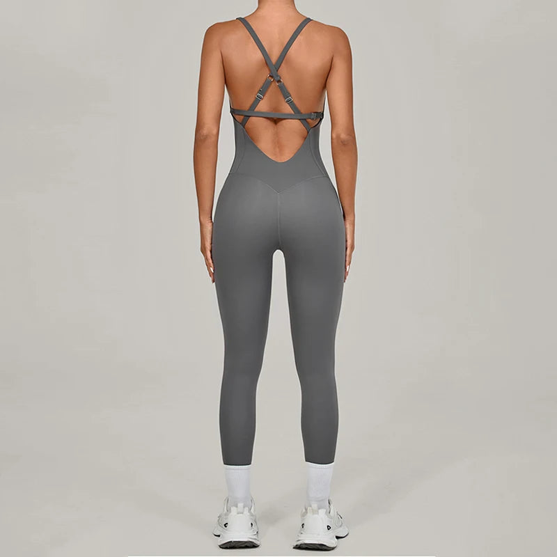 Women's Thin Strap Nylon Blend Workout Jumpsuit with Crisscross Back