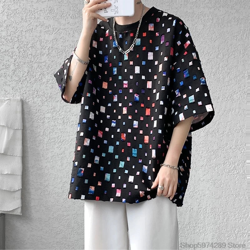 Summer Short Sleeved T-shirt Men Hollow Out Oversized Plaid T Shirt Men Streetwear Hip Hop Loose Casual Tshirt Male 5XL