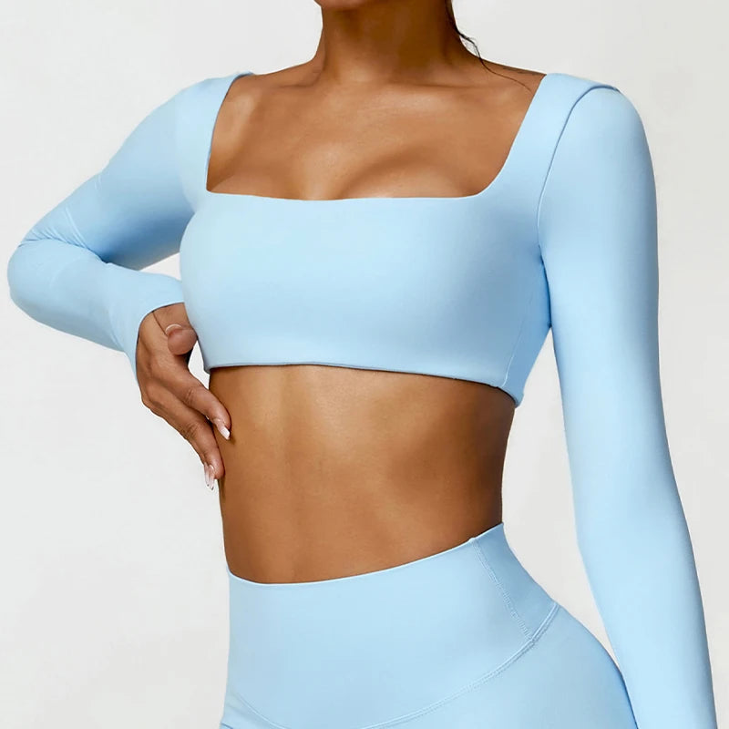 Women's Square Neck Long Sleeve Crop Top For Workout Outfits