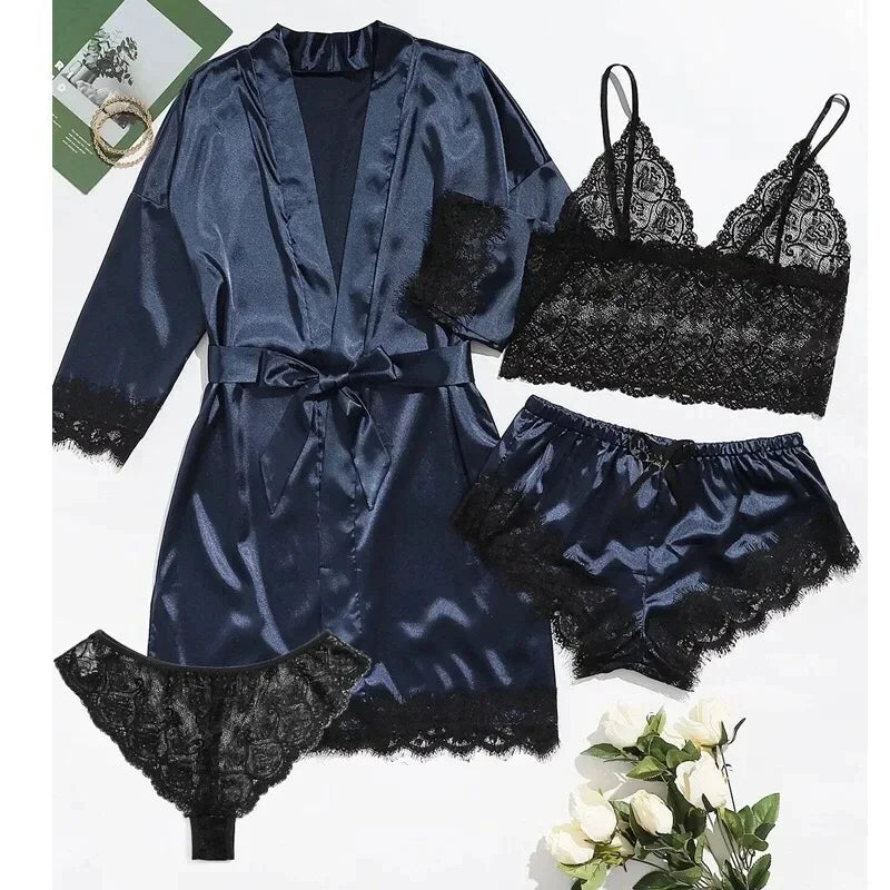 Women's Lace Trim Four Piece Pajama Set with Robe and Shorts