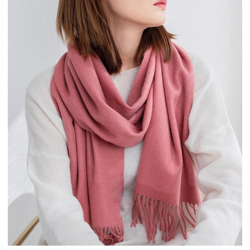 Solid Long Wool Scarf with Decorative Fringed Ends