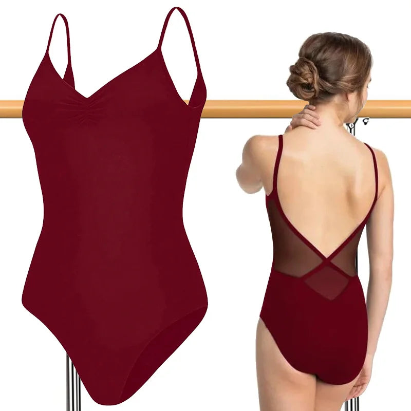 Women's V-Neck Camisole Ballet Leotard with Drawstring and Crossed Back