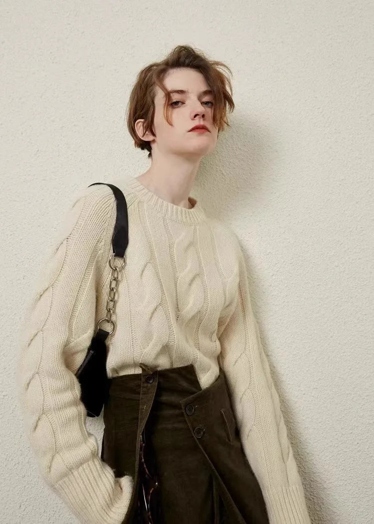 European autumn and winter cashmere sweater women's crewneck twist sweater loose cover to wear pure wool knitted bottom thick