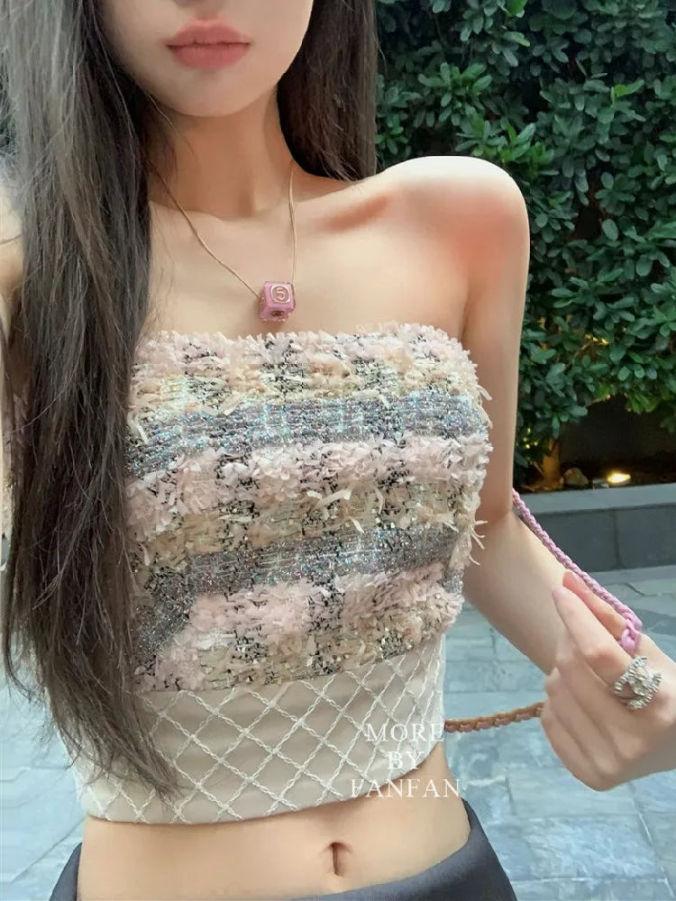 Women's Plaid Cotton Blend Tube Crop Top with Strapless Fitted Shape