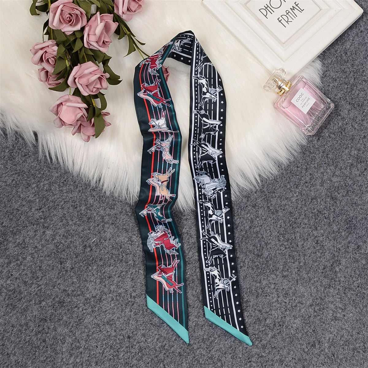 Horse Motif Skinny Ribbon Scarf with Printed Designs