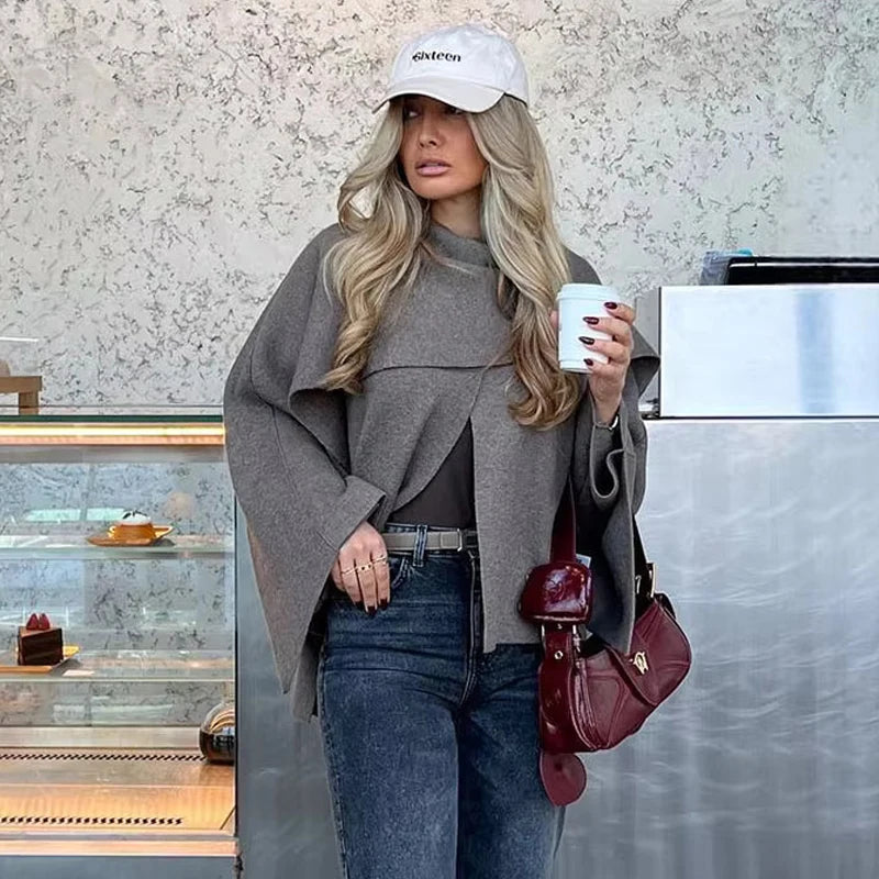Draped Collar Button Front Poncho for Layering over Outfits