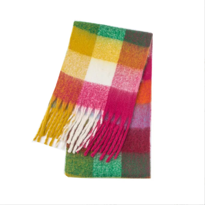 Multicolor Plaid Scarf with Long Shape and Fringed Ends