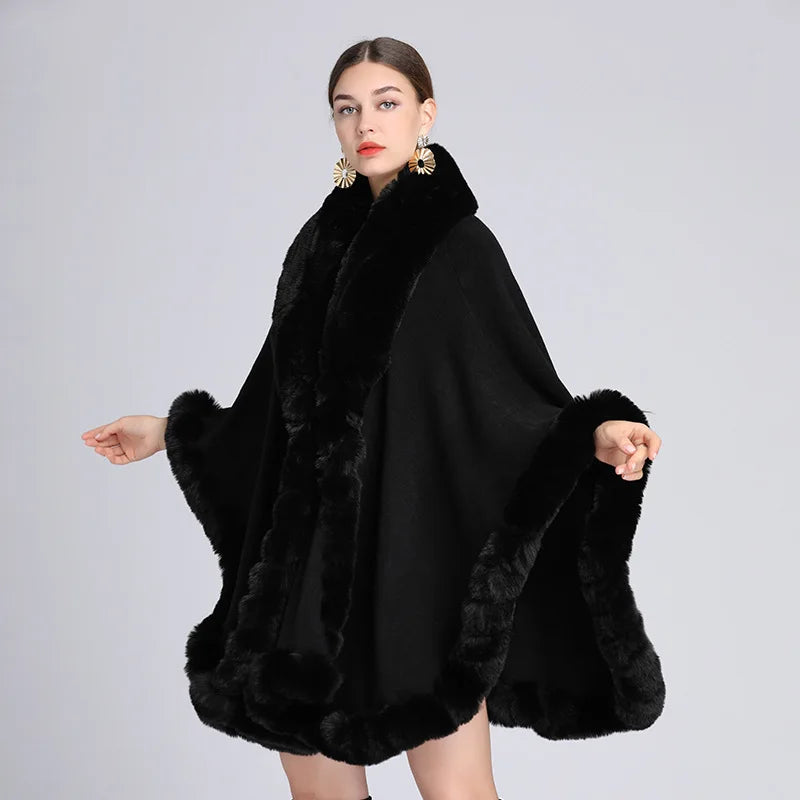 Plush Trim Hooded Poncho for Layering over Outfits