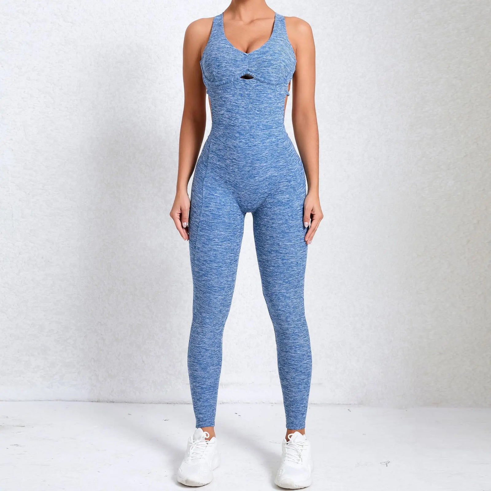 Women's Sleeveless Nylon Blend Workout Jumpsuit with Front Keyhole and Fitted Legs