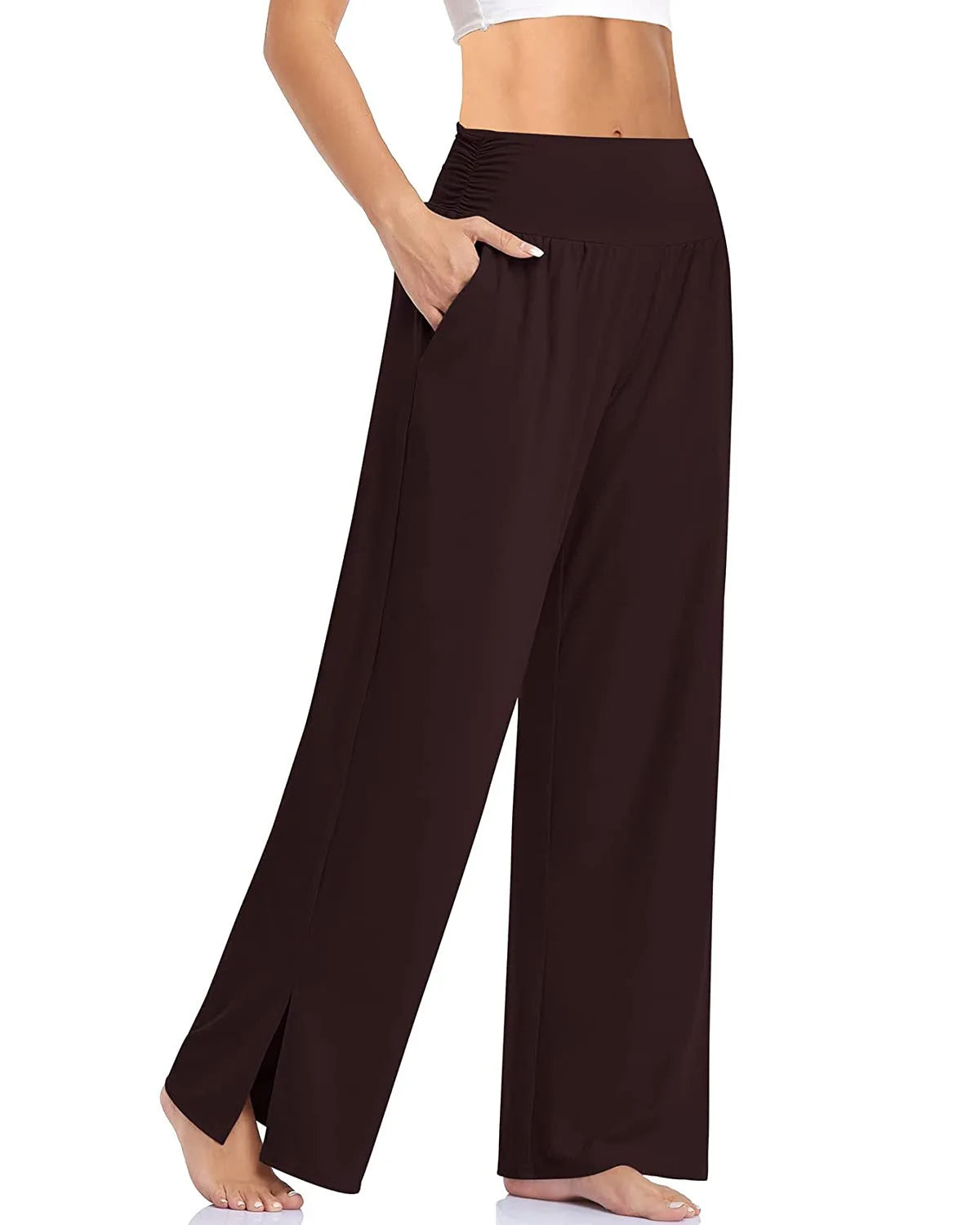 Women's High Waist Polyester Blend Wide Leg Pants with Ankle Slits