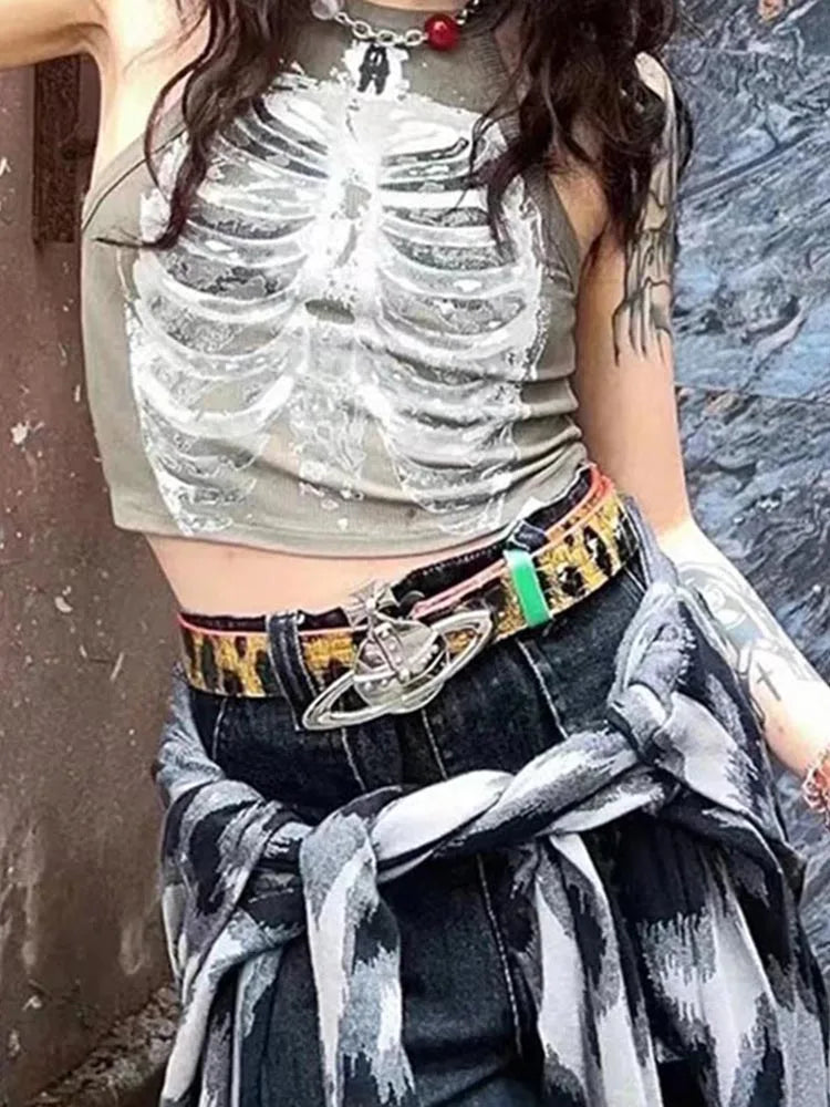 Women's Skeleton Ribcage Print Cotton Blend Crop Tank with Contrast Binding