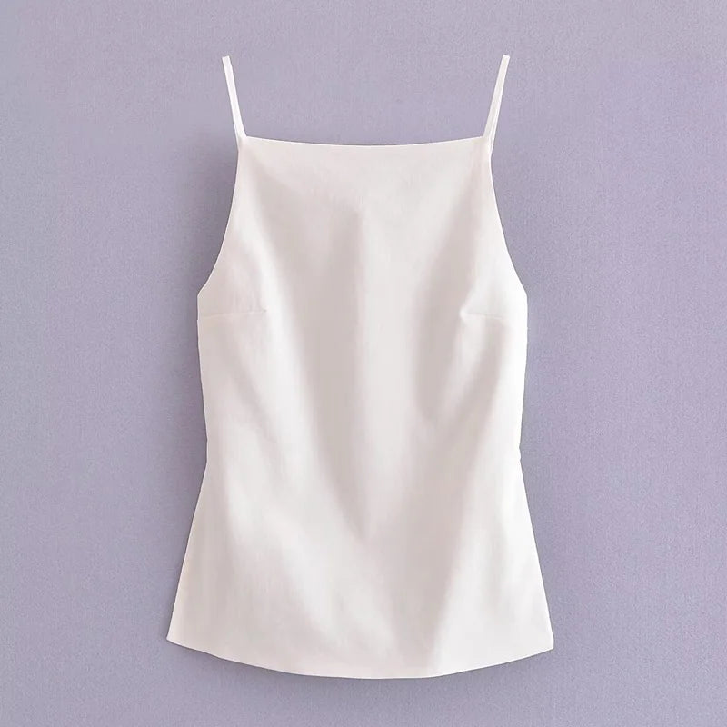 Women's Square Neck Camisole with Thin Straps and Lace-Up Back Detailing