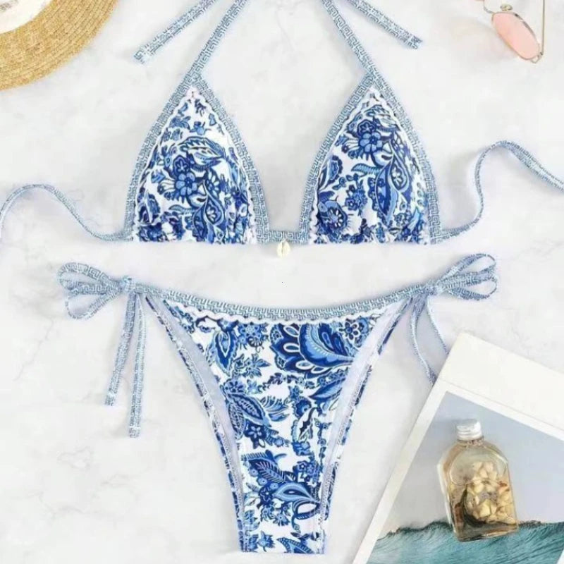 Printed Halter Triangle Bikini