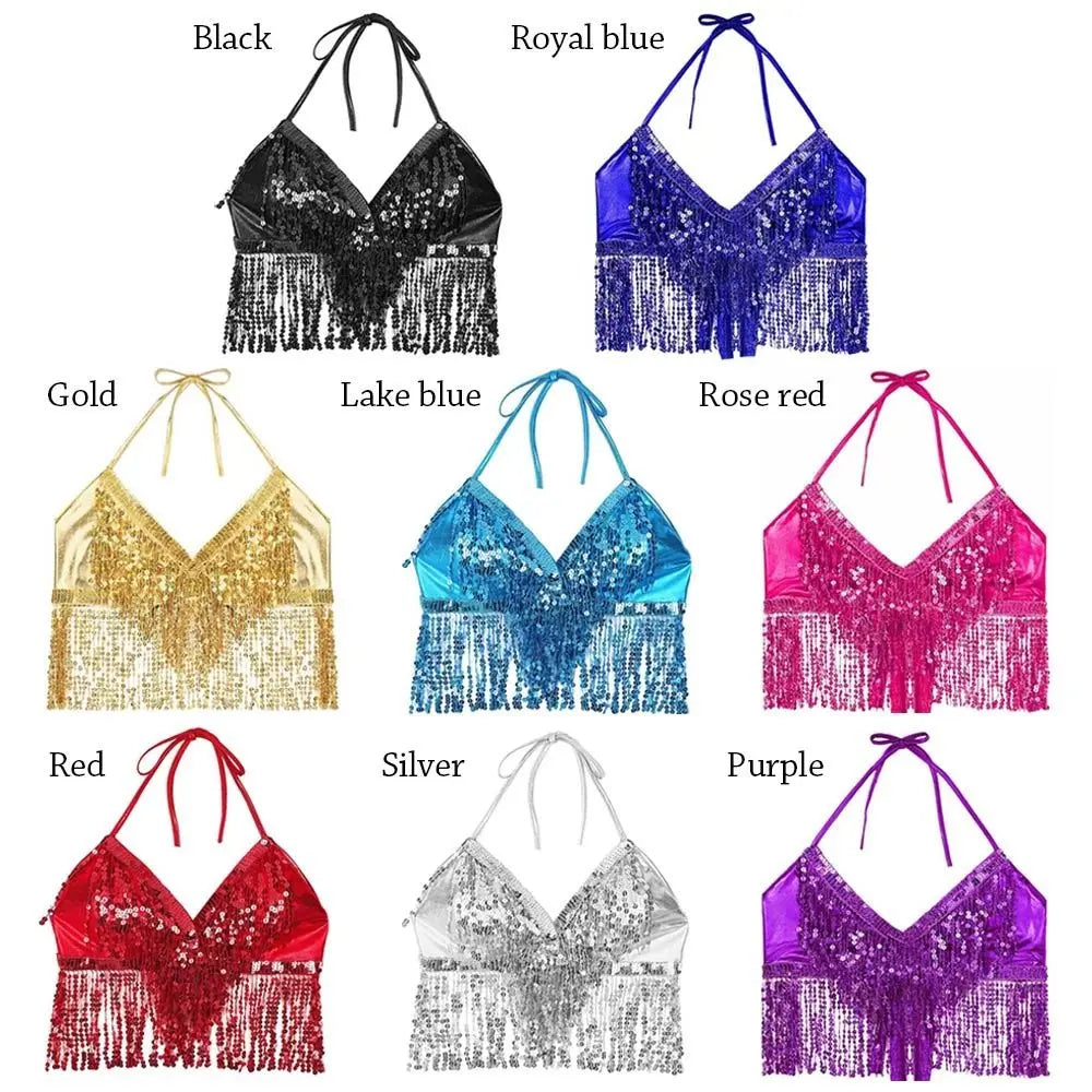 Women's Sequin Fringe Halter Crop Top for Belly Dance Outfits
