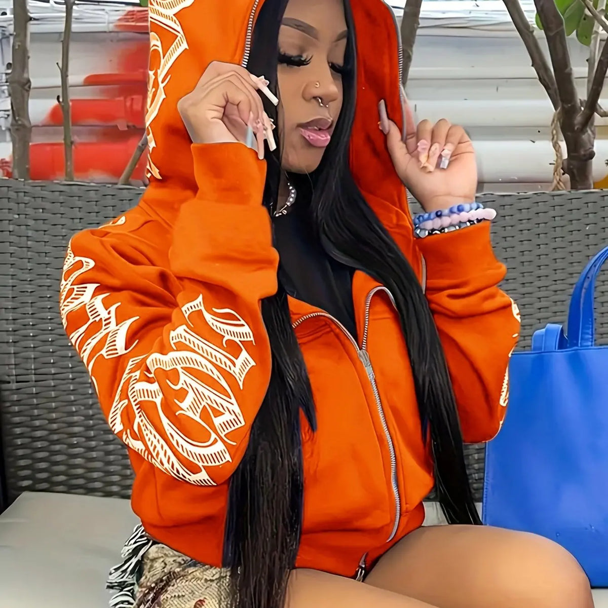 Letter Graphic Long Sleeve Full Zip Casual Hoodie