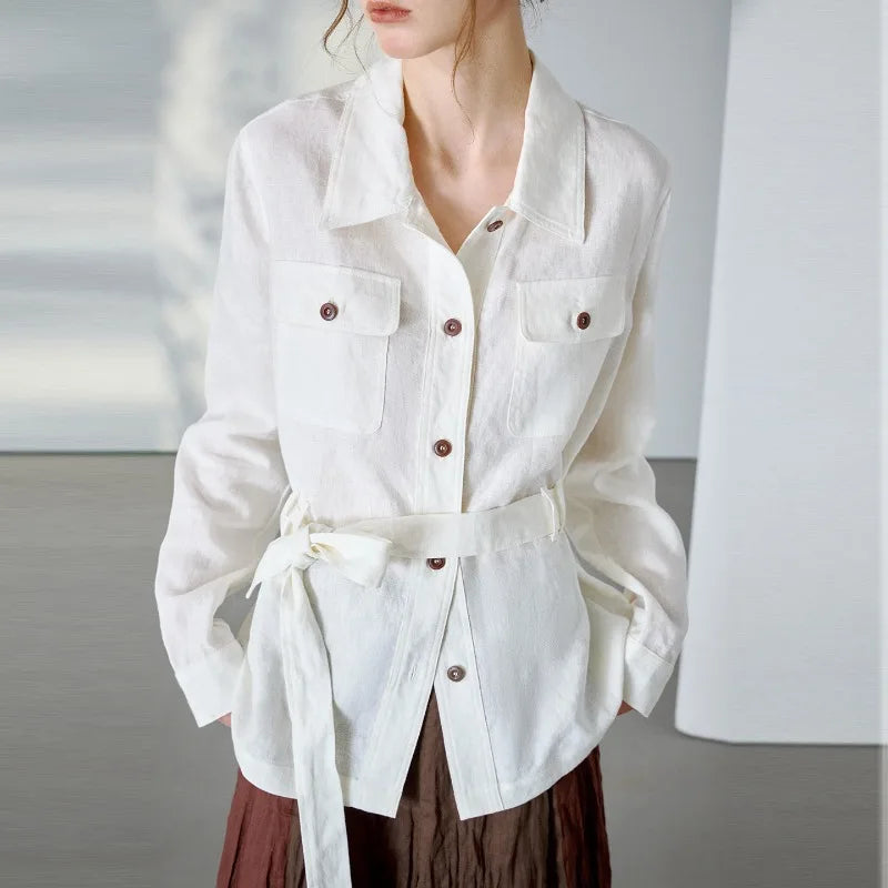 Women's Linen Long-Sleeve Collared Button-Front Jacket with Drawstring Waist and Front Pockets
