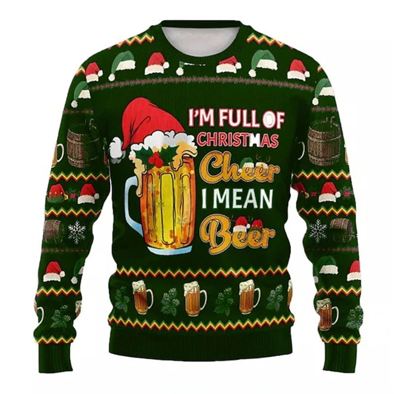 Beer-Graphic Christmas Crewneck Long-Sleeve Sweatshirt
