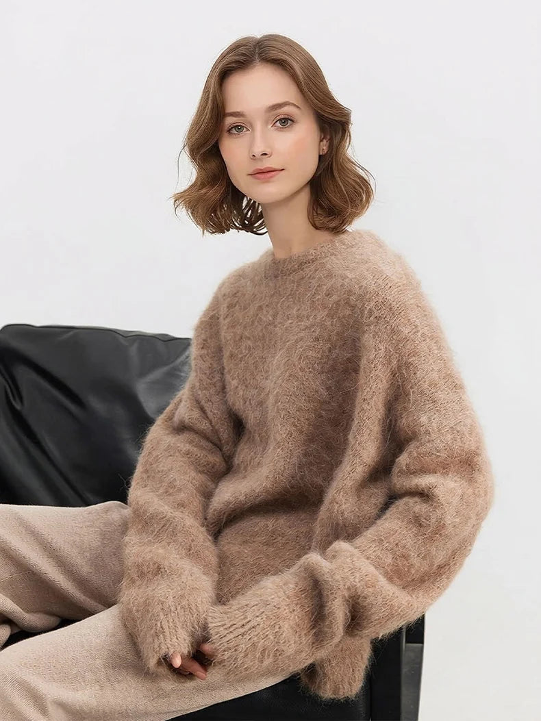 Women's Fluffy Crew Neck Long Sleeve Sweater Casual Knit Layer