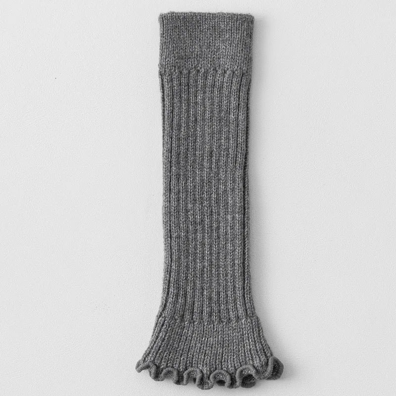 Solid Ribbed Calf Leg Warmers with Ruffled Edge Trim