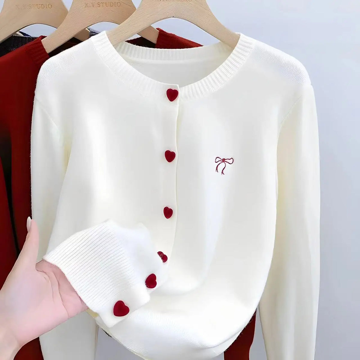 Women's Bow Embroidered Crew Neck Button Front Cardigan