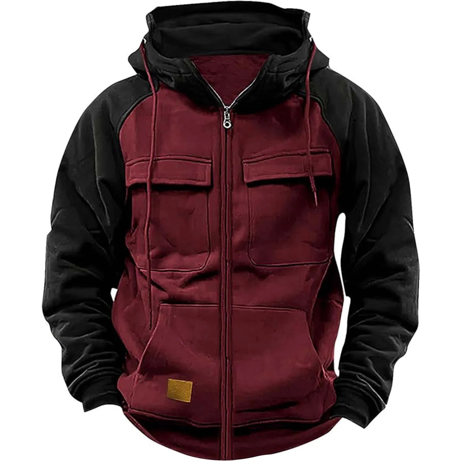 Men's Multi-Pocket Patchwork Long-Sleeve Zip-Front Hoodie