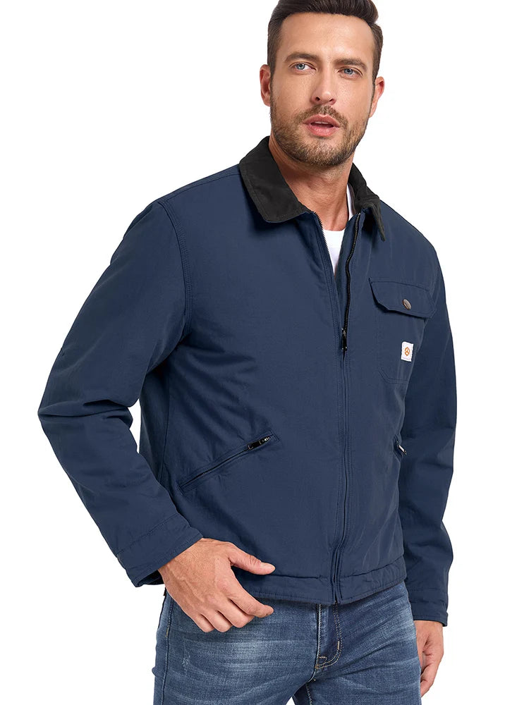 Men's Winter Cotton Jacket Warm Quilted Padded Lined Cargo Work Jacket Regular Fit Casual Lapel Trucker Coat