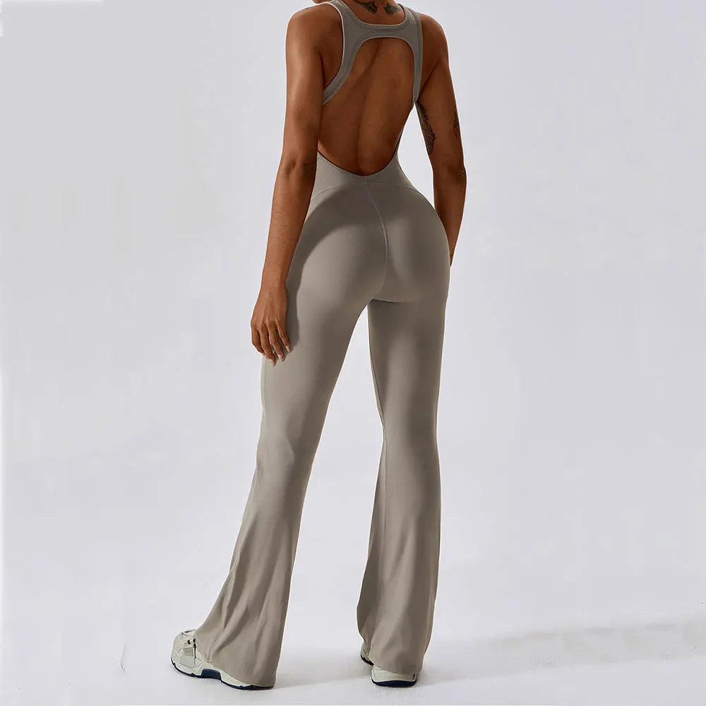 Women's Cross Strap Nylon Blend Workout Jumpsuit with Back Cutout and Long Legs