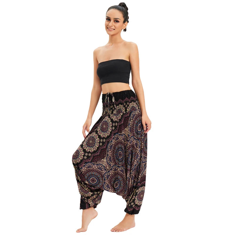 Women's Printed Rayon Harem Pants with Elastic Waist and Convertible Styling